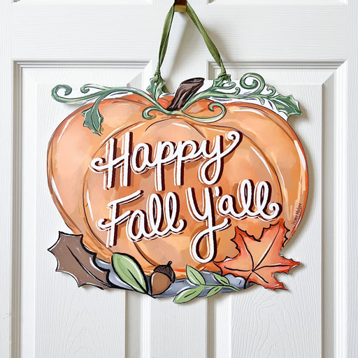 Home Malone Design Happy Fall Y'all Orange Pumpkin Autumn Door Hanger - Fall Vibes - Cute Outdoor Home Decor - Made in NOLA