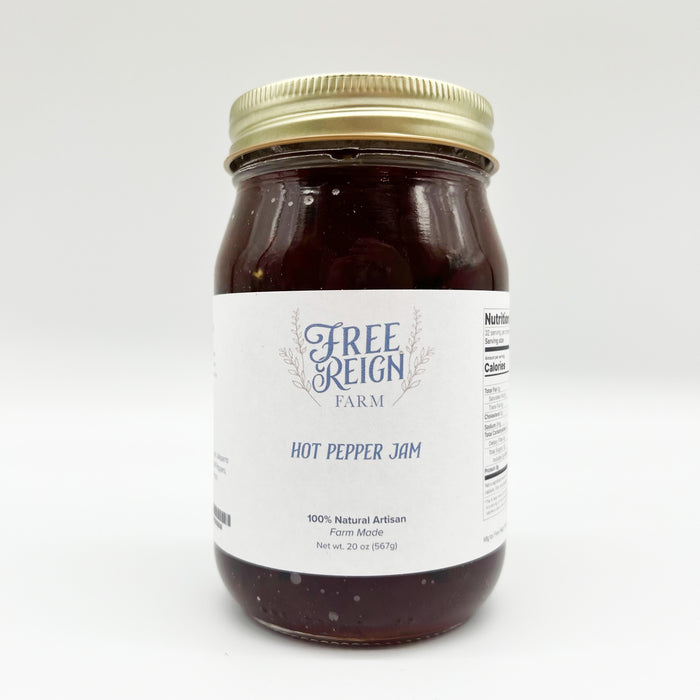 Free Reign Farms Hot Pepper Jam Jelly - Made in Texas - Locally Made Gluten Free Artisan Goods - Family Farm Owned - Spicy + Sweet Jelly