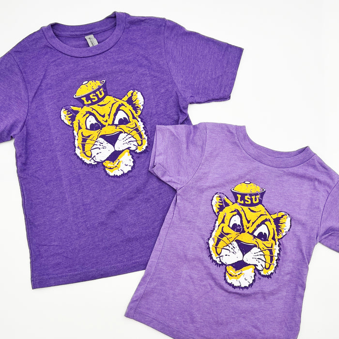 NOLAVERSE LSU Sailor Mike Tiger Head Cute Baton Rouge Kids Shirts - Purple + Gold Children's Apperal - New Orleans, LA