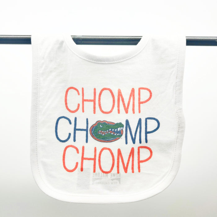 University of Florida FL Gators Blue and Orange Football Holiday Gift Ideas Chomp Chomp Chomp Baby Bib