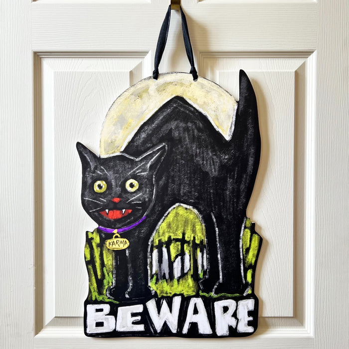 Beware Black Cat Door Hanger