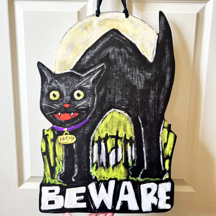 Beware Black Cat Door Hanger