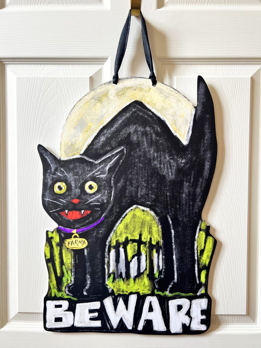 Beware Black Cat Door Hanger