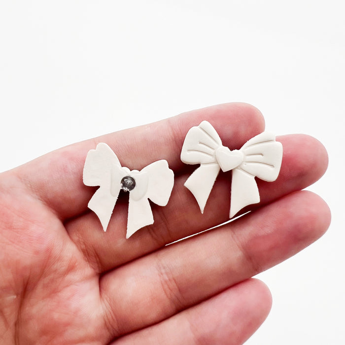 White Bow Clay Stud Earrings