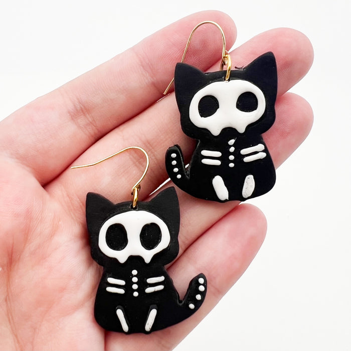 Betty Bones Skelly Cat Clay Earrings