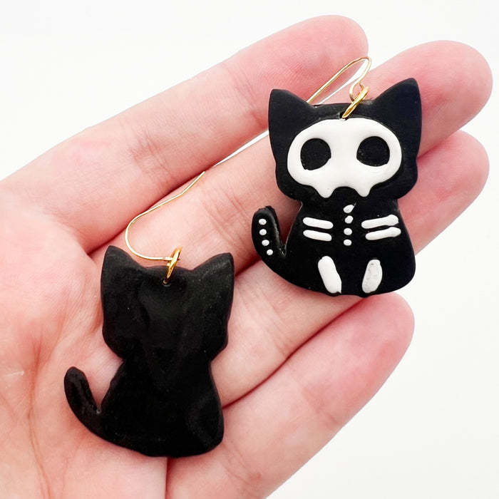 Betty Bones Skelly Cat Clay Earrings