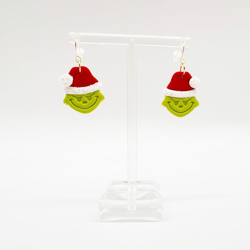 Cute Grinch with santa hat lightweight holiday christmas earrings