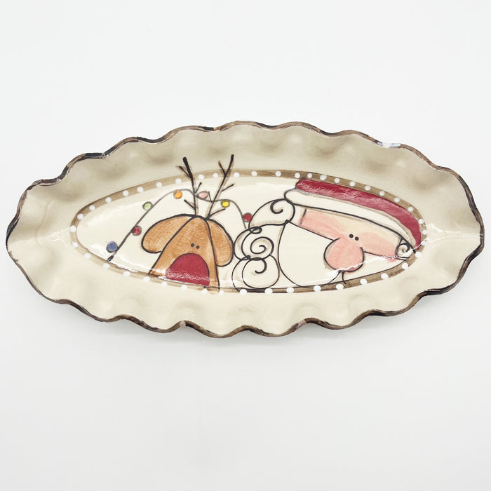 Unique Fun Festive Christmas Holiday Santa and Reindeer with Lights Long Oval Serveware Tray 