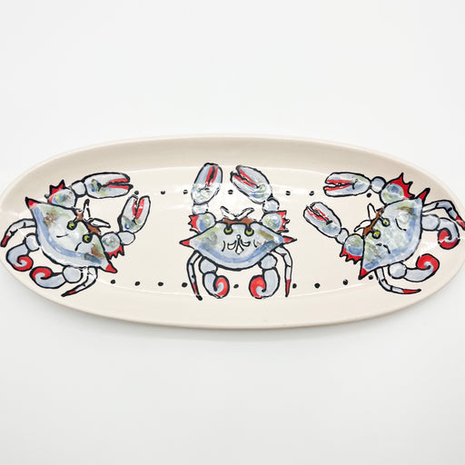 Jan Salzer Long Blue Crab Platter Wedding Gift Handmade Handpainted New Orleans Artist 