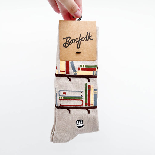 Bonfolk Bookshelf Gray Socks with Books Cozy Fall Book Lover