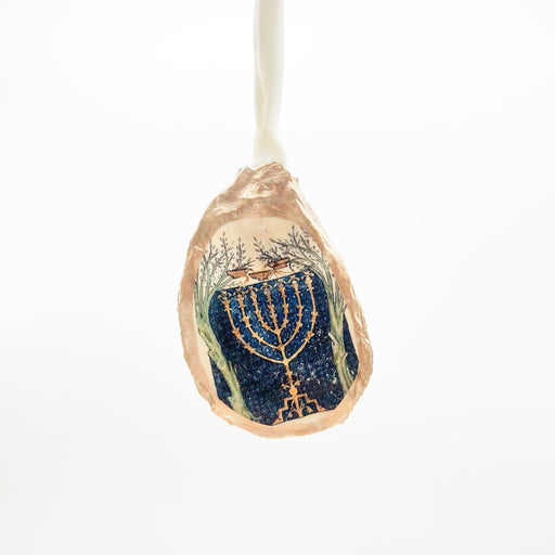 Oyster Jewish Menorah Ornament Handcrafted Unique Holiday Hanukkah Gold Detailed Satin Ribbon