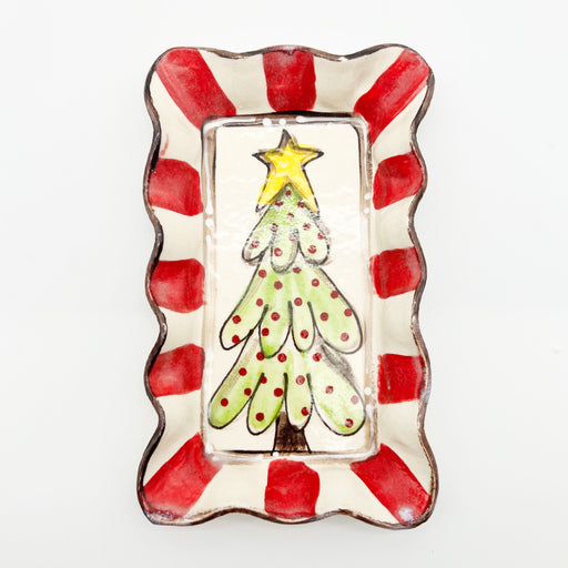 Red and White Candy Cane Striped Christmas Tree Platter Small Tray Dish Scalloped Edges Cute Xmas