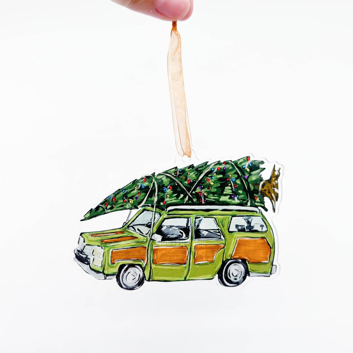 Acrylic Christmas Tree Station Wagon Ornament
