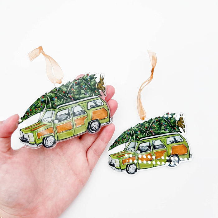 Acrylic Christmas Tree Station Wagon Ornament
