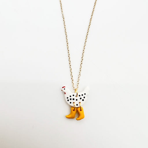 Cute Quirky Fun White spotted chicked in rainboots necklace farm animal for animal lovers jewelry