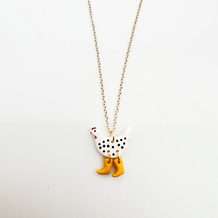 Cute Quirky Fun White spotted chicked in rainboots necklace farm animal for animal lovers jewelry