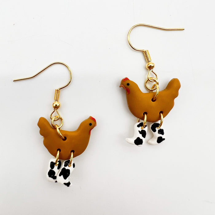 Brown Chicken With cow print cowboy boots cute fun quirky jewelry for animal lovers