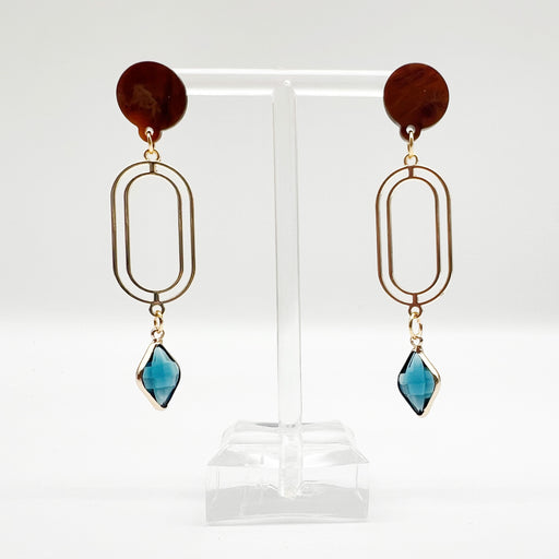 Fall cocktail glam casual brown stud dangle earring with gold plated oval hoop and blue jewel