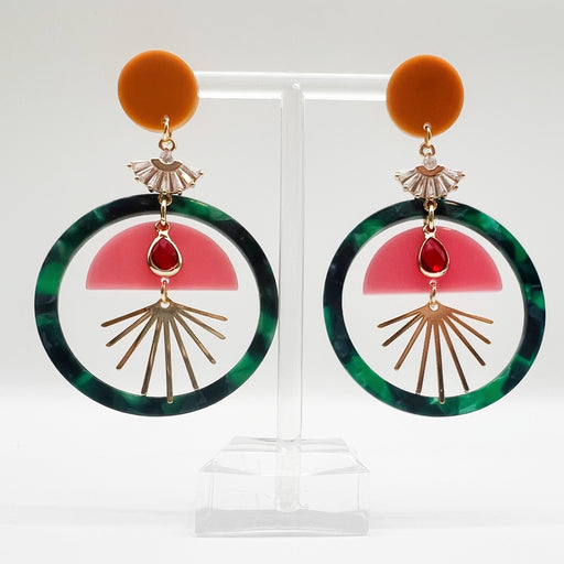 Fun Glam Colorful Jade green hoop gold plated sun burst with red jewel statement piece earrings