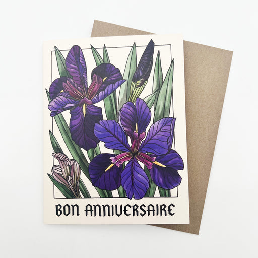 mattea's hand bon anniversaire happy birthday french purple iris pretty script stationery greeting card