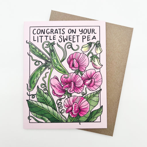 Mattea's Hand congrats on your little sweet pea pretty pink florals with pea pods stationery greeting card for new arrival babies new parents