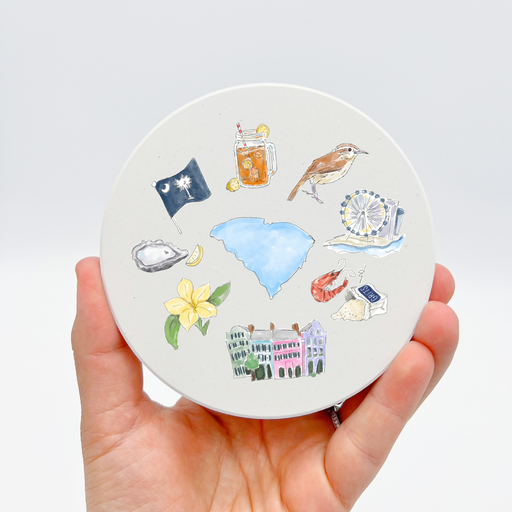 Home Malone New Orleans South Carolina State Icons Stoneware Coaster- Cute Southern Coastal Beachy Gift Ideas - Iced Tea, Oysters and Shrimp, Grits, Palmetto, Myrtle Beach - Cute Gift Ideas for Him and Her Barware