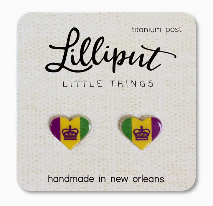 Mardi Gras Crown Heart Stud Earrings