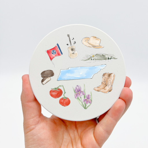 Home Malone New Orleans Tennessee State Icons Stoneware Coster - Country Music, Grand Ol Opry, Moon Pies, Iris Flowers, Great Smoky Mountains, Dolly Parton Cute New Arrivals Bar Drinks