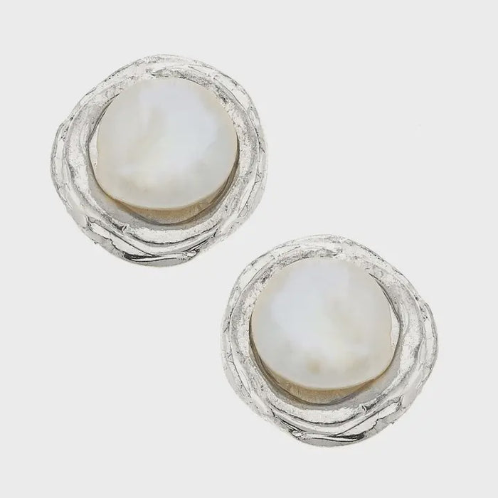 Round Silver Pearl Studs