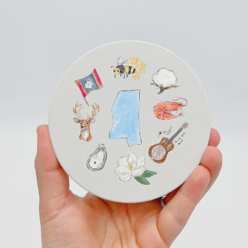 Home Malone NOLA Mississippi State Icons Stoneware Coaster Bar Drinks - Blues Music, Deer, Cotton, Honey Bees, Magnolia