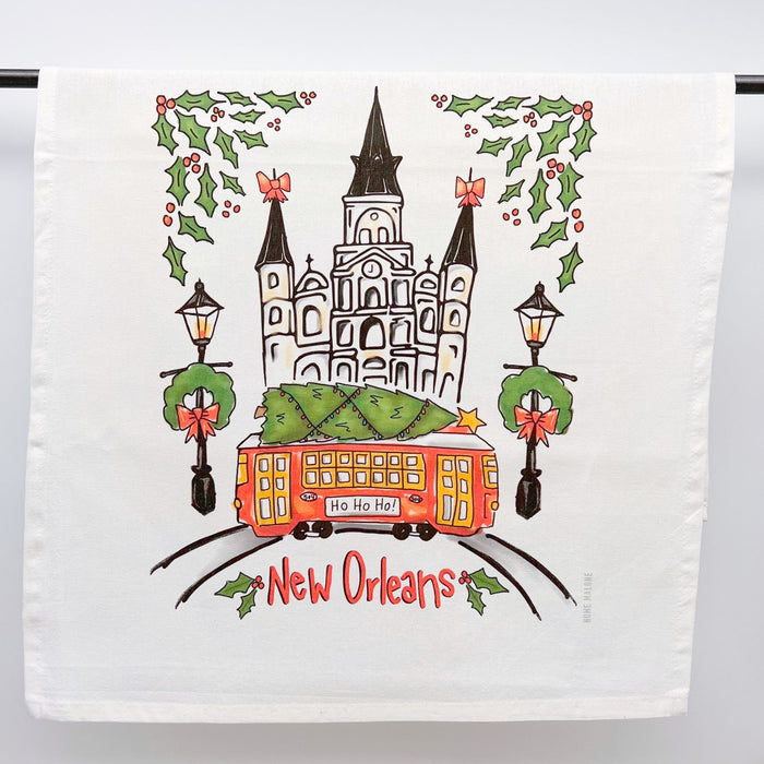 New Orleans Towel, New Orleans Christmas, French Quarter, St. Louis Cathedral, streetcar, Christmas Tree, Kitchen Towel, stocking stuffer, holiday towel, Home Malone, Local Life Linens