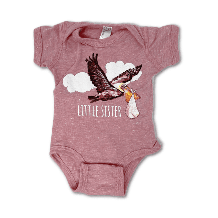 Little Sister Pelican Stork Onesies - New Orleans Baby Gift