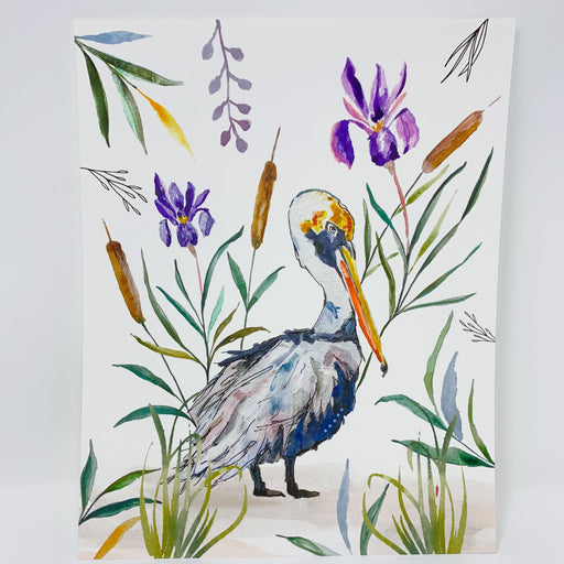 Louisiana State Pelican and Purple Iris Print New Orleans Pretty Marshland Bayou 