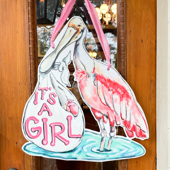 baby shower door hanger Roseate Spoonbill It's A girl Stork
