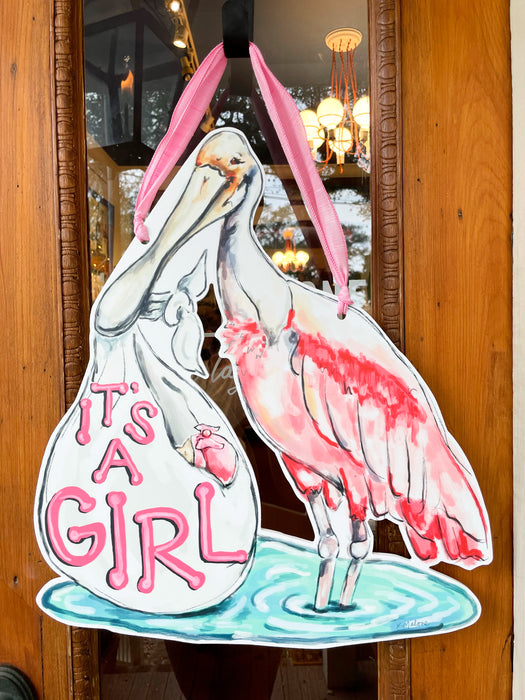 It's A Girl Spoonbill Door Hanger