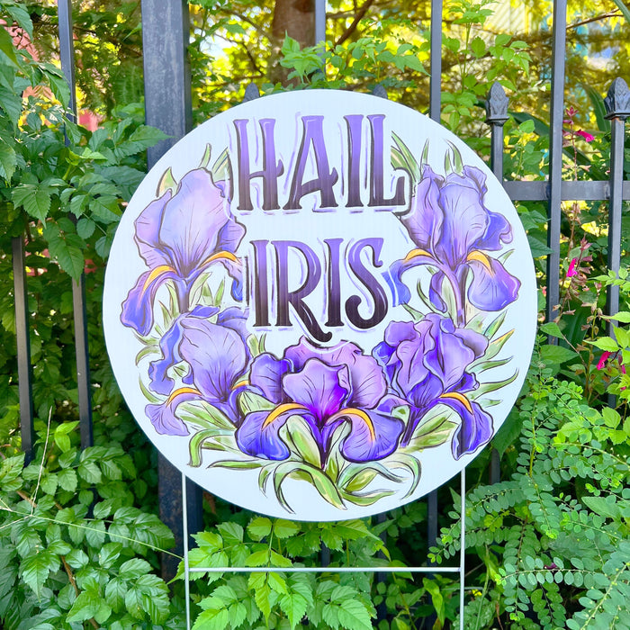 Krewe of Iris Yard Sign, Hail Iris, Beadered Purple Iris, Iris Logo, Mardi Gras, New Orleans, Home Malone, Door Hanger, Mardi Gras Krewe, NOLA Mardi Gras, NOLA Parade, Sunglasses Krewe, Yardi Gras