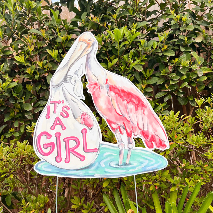 It's a Girl yard sign, birth announcement, yard decoration, girl birth yard sign, roseate spoonbill sign, pink bird sign, New Orleans art, Home Malone, Southern Baby