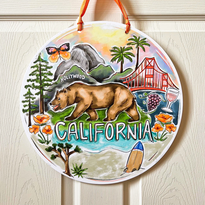 California door hanger, California bear, San Francisco Golden Gate Bridge, grapes, wine, beach, orange poppies, redwoods, Cali, SoCal, New Orleans art, Home Malone