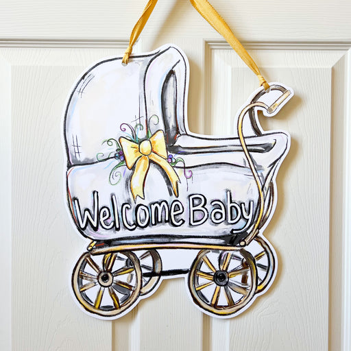 Welcome Baby Door Hanger, New Baby Arrival, Gender Neutral Baby, NOLA baby, New Orleans art, Home Malone, carriage, pram