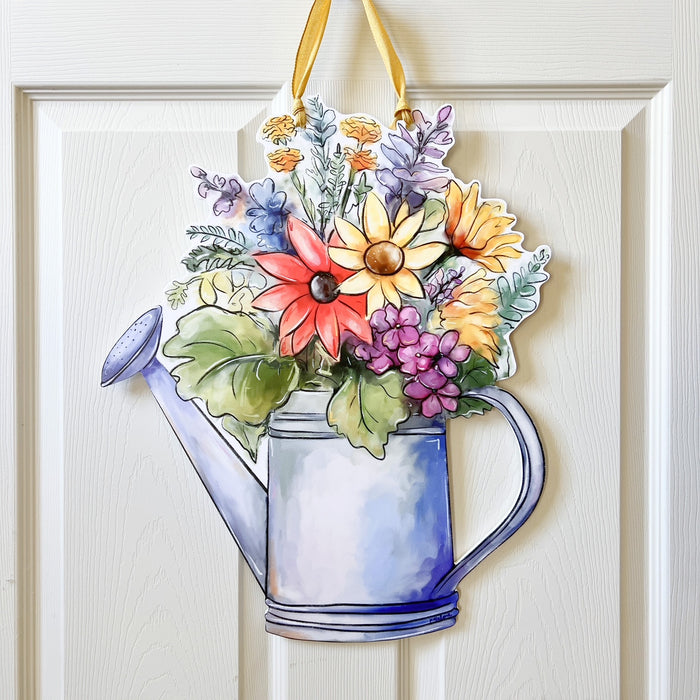 Spring Flowers in Watering Can Door Hanger