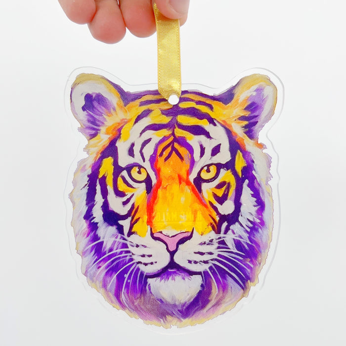 LSU Tiger Head Ornament, Home Malone, New Orleans Art, Purple and Gold, Louisiana State University, LSU Tigers, Baton Rouge, Bengal Tiger, Striped Tiger, Football, Tree Ornament