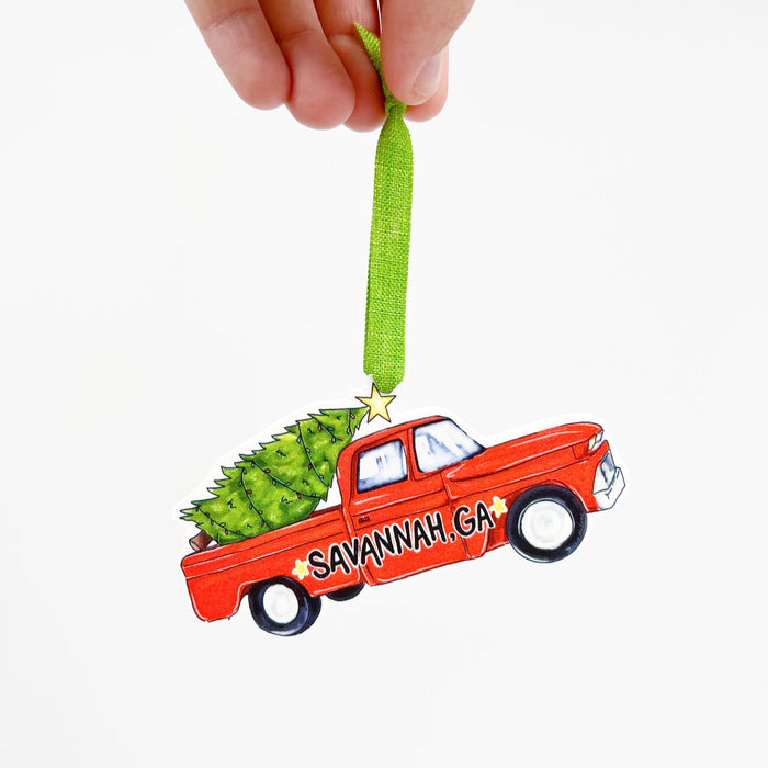 Red Truck, Christmas Truck, tree in truck, Savannah, Georgia, red truck ornament, Christmas ornament, southern Christmas ornament