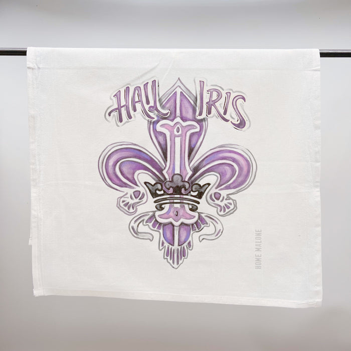 Krewe of Iris, Hail Iris, Iris Crest, Iris Logo, Mardi Gras, New Orleans, Home Malone, towel, Fleur De Lis towel, Iris Fleur De Lis, purple Fleur De Lis, Mardi Gras Krewe, NOLA Mardi Gras, NOLA Fleur De Lis