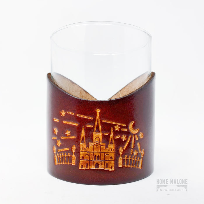 Leather Koozie Cocktail Glass New Orleans Cathedral Watermeter Home Malone New Orleans Lousiana Gifts for men, groomsmen