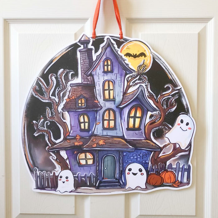 Happy Haunted House, Home Malone, New Orleans Art, Ghost, Pumpkin, Full Moon, Bat, Spooky, Door Decor, Outdoor Decor, Halloween Decoration, Trick or Treat, All Hallows Eve